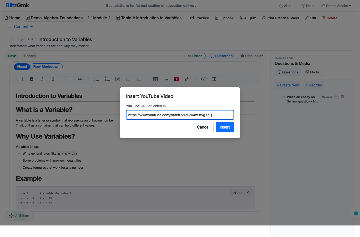 YouTube URL entered in dialog