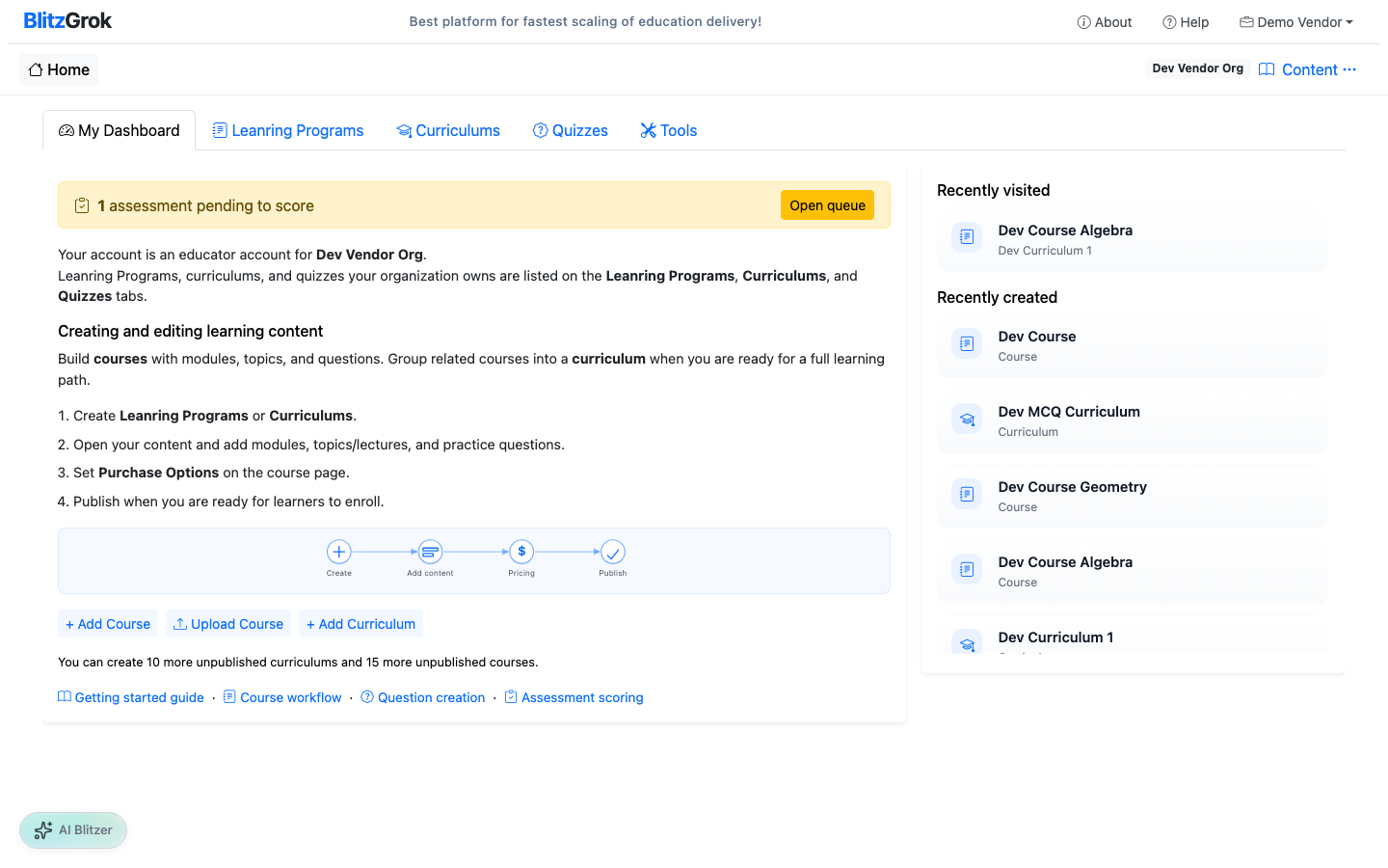 Dashboard banner for pending assessments