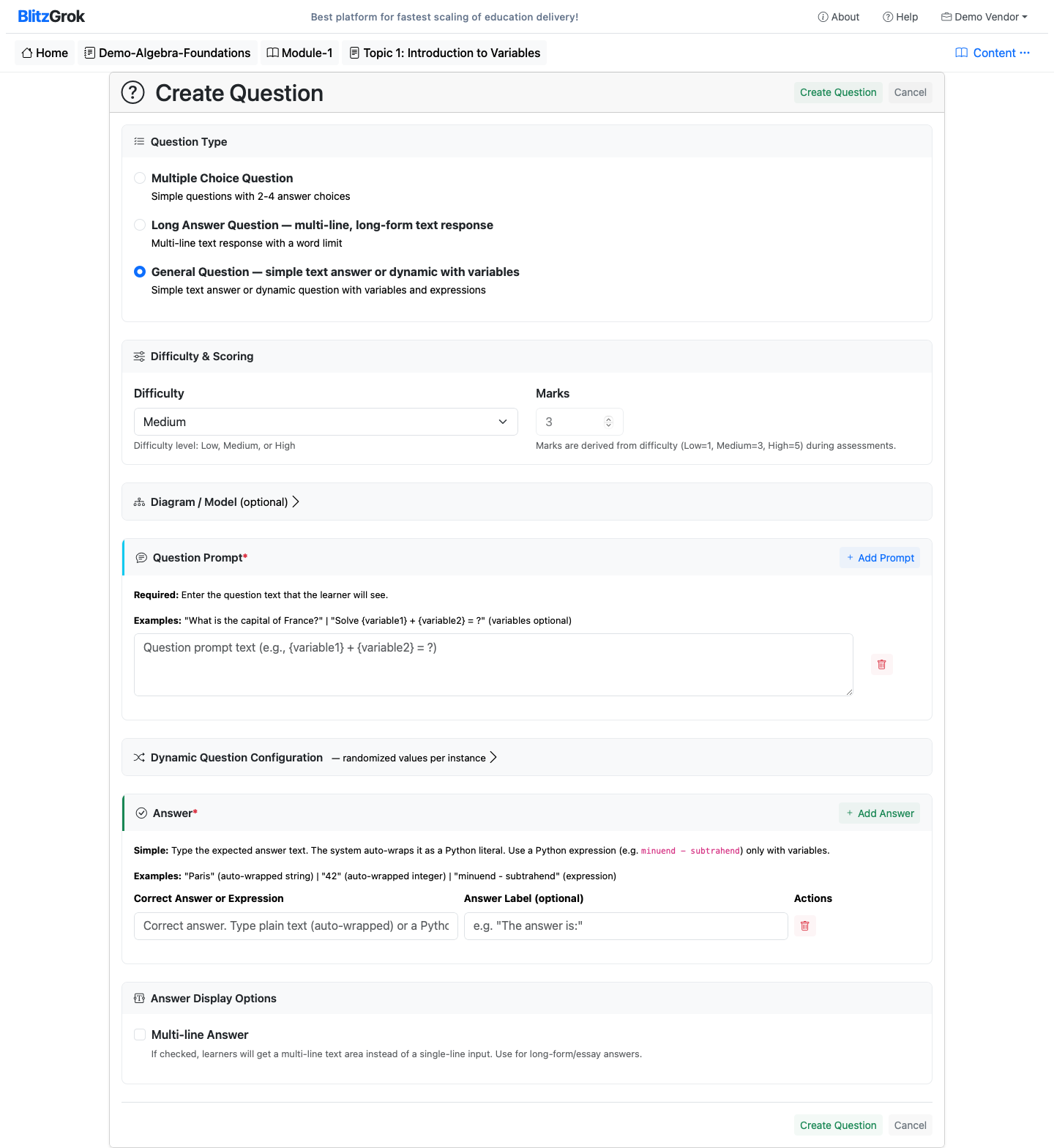 Select General Question type from the question type options