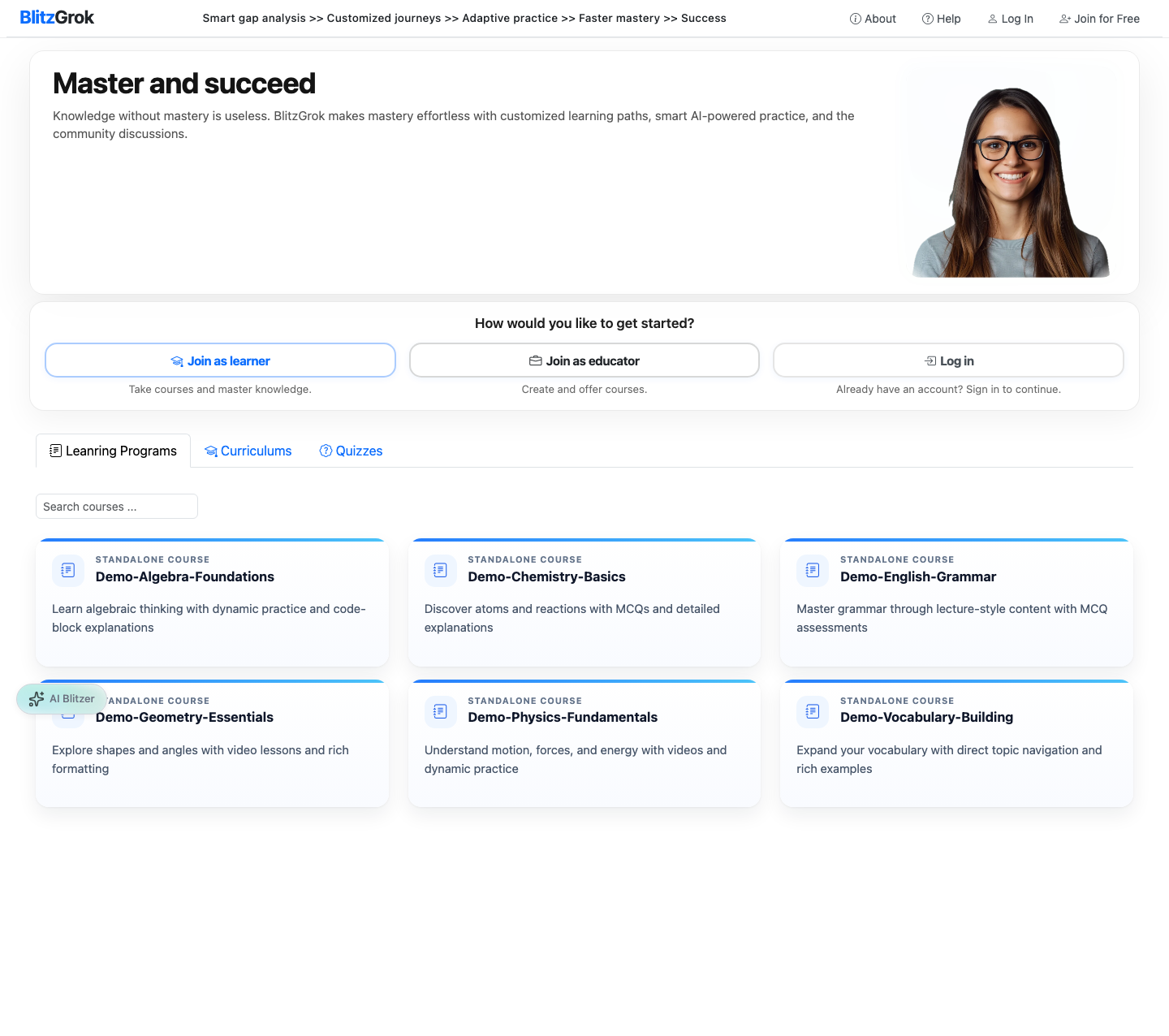 Home page with Sign up as Learner