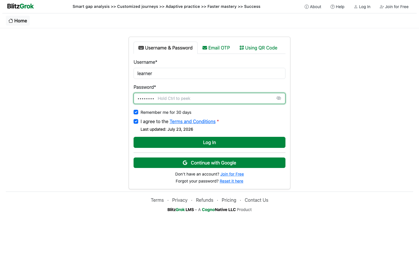 Continue with Google button on the login page
